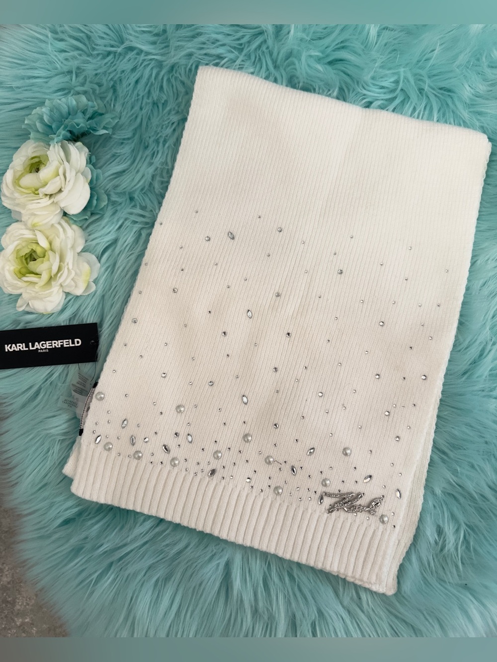 Karl Lagerfeld White Crystal-and Silver Faux Pearl Embellished Knit Scarf NEW!